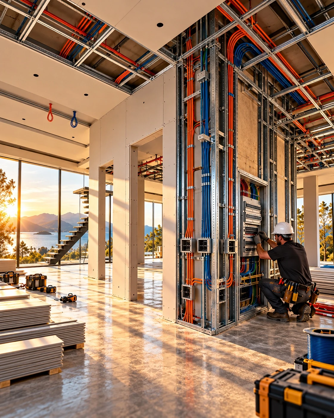 Eletricista instalando o quadro de distribuição em parede de drywall com estrutura de aço galvanizado
